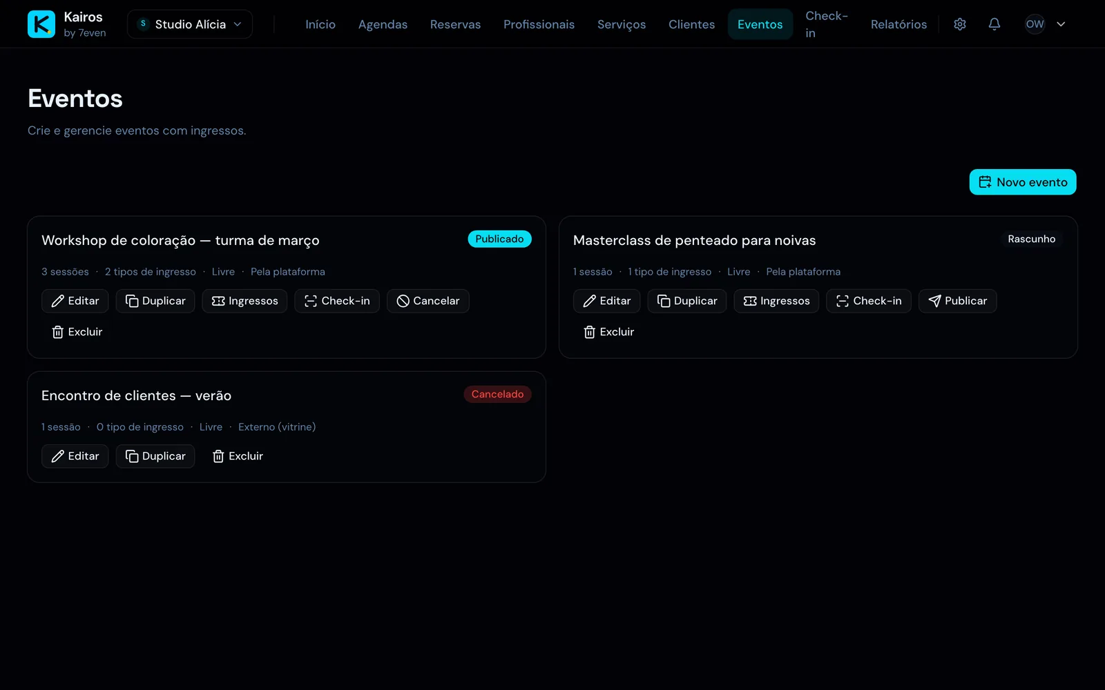 The Kairos events screen, with sessions and ticket types